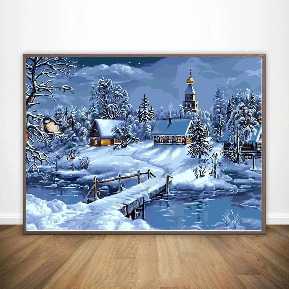 

Oil Painting By Numbers Snowy village Drawing on Canvas Landscape HandPainted Art Gift DIY Picture By Number Kits Wall Decor