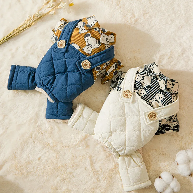 

Утолщенная теплая одежда с полосатым медведем и четырьмя ножками с хлопковой подкладкой для маленьких и средних собак, комбинезоны, одежда ...