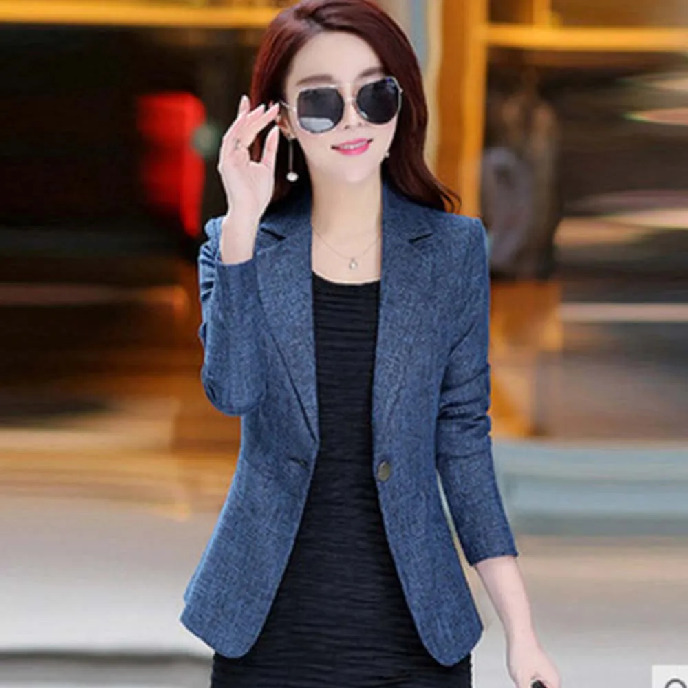 Офисный женский элегантный Блейзер Синий модный длинный рукав приталенный