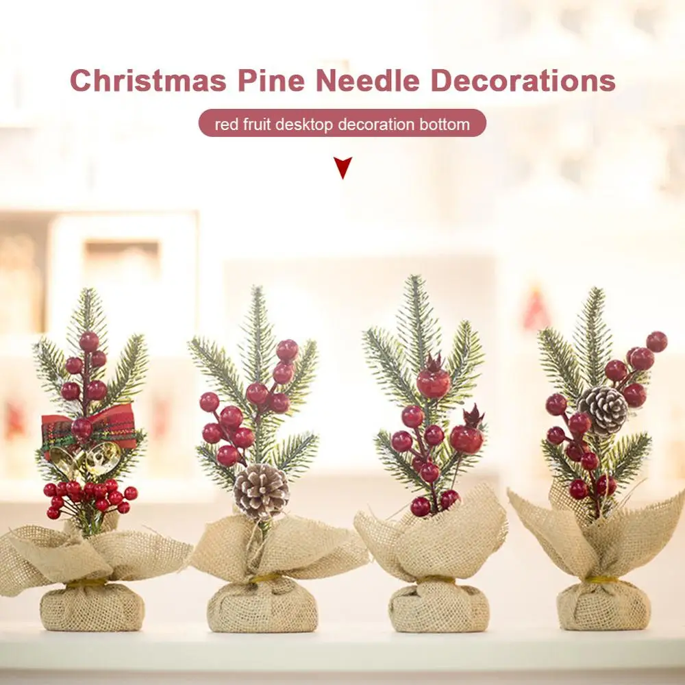 

Christmas Pine Needle Cuttings Red Fruit Desktop Decoration Bottom Covered with Linen Suitable for Christmas Decorations