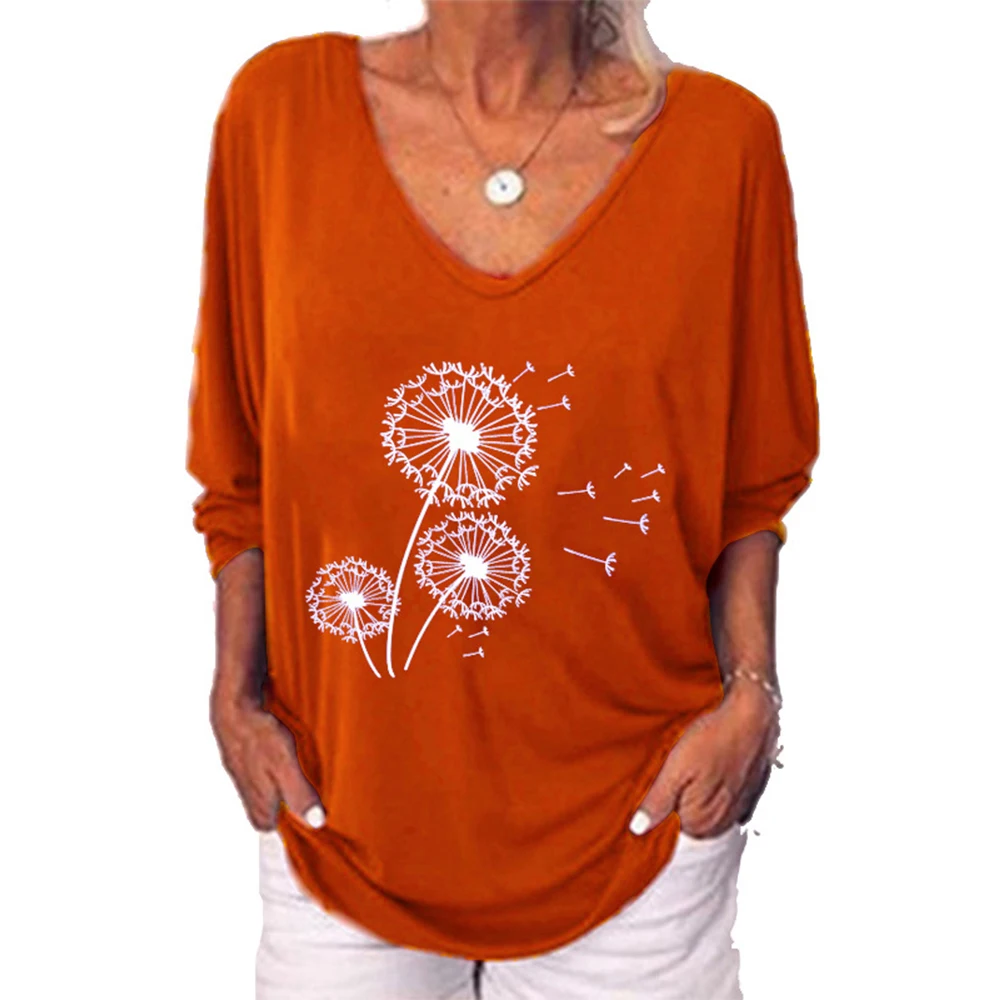 

Plus Size Women Dandelion Print V-neck T-Shirt 3/4 Sleeve Loose Tunic Blouse Oversized Top Casual Baggy Pullover Fashion Clothes