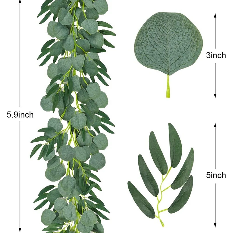 Eucalipto Artificial con guirnalda de sauce, planta de vid falsa con hojas, verde de d&oacute;lar de plata de imitaci&oacute;n, paquete de 5, 6,5 pies-2