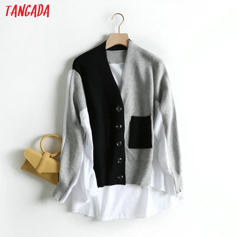 Tangada, женский элегантный кардиган, свитер, на спине, из кусков, с длинным рукавом, на пуговицах, с карманом, для офиса, леди, Вязанный свитер, свитер, BC18