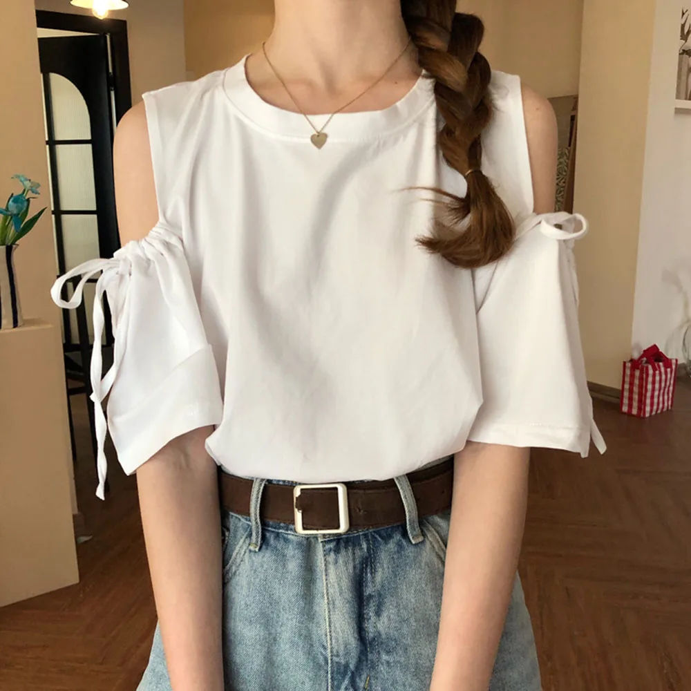 Футболка женская с открытыми плечами повседневный милый топ рукавом до локтя