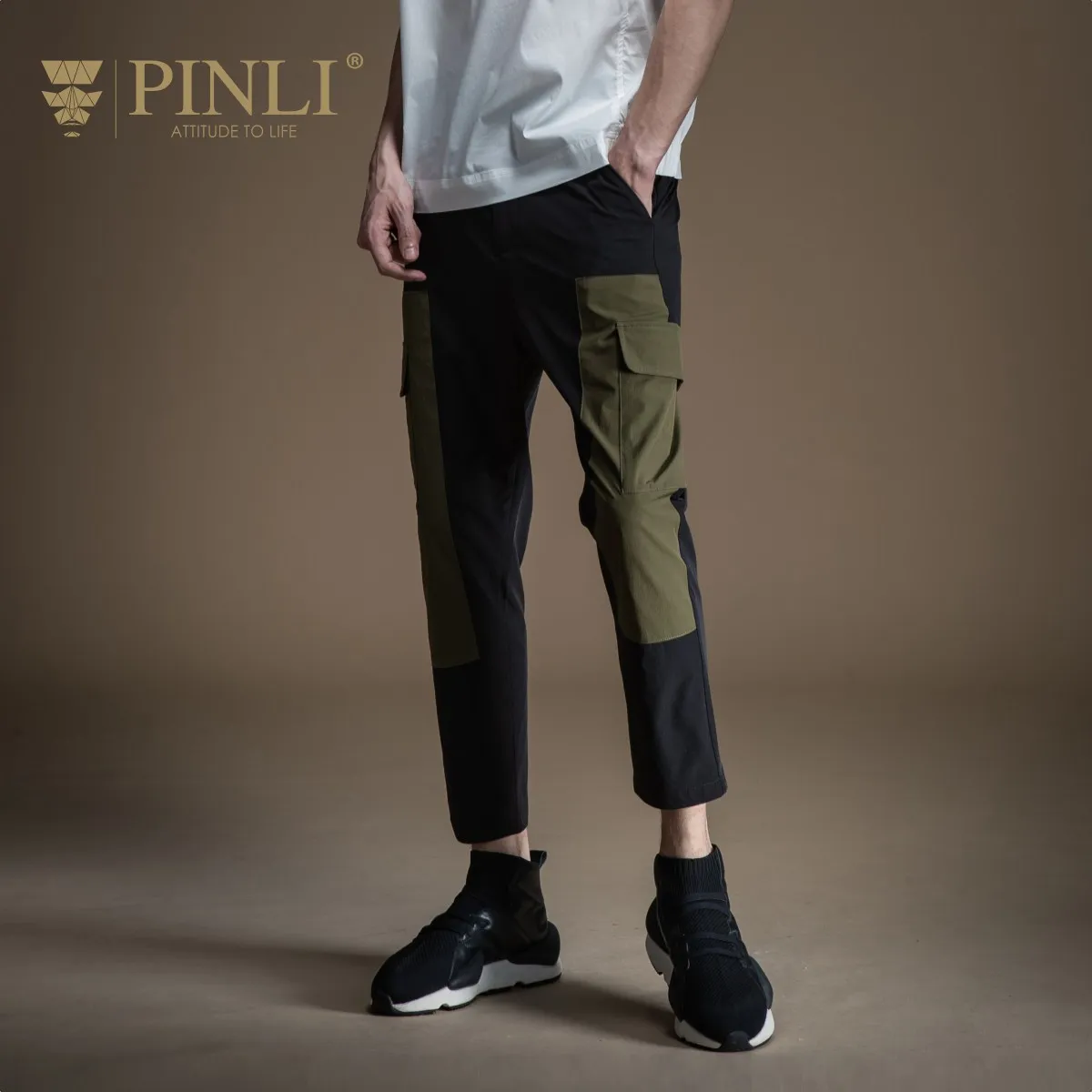 

Pinli 2020 Summer New Slim Color block Pencil pants Big pocket Safari Style Casual men ankle-length pants Fashion B202417324