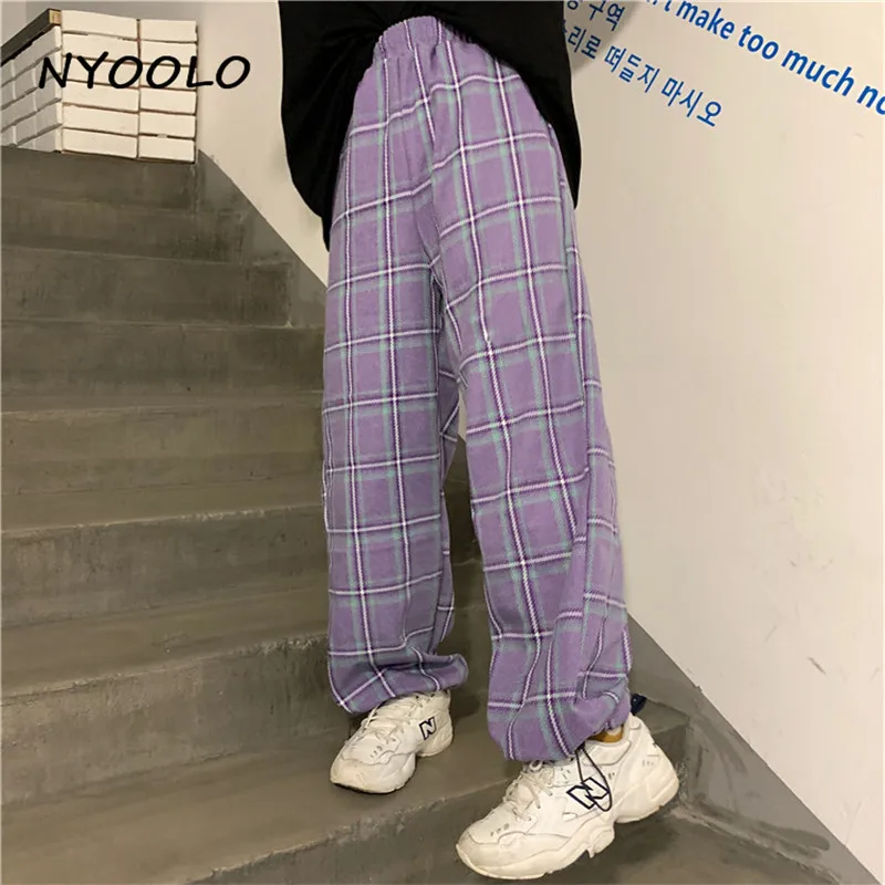

NYOOLO повседневные уличные классические клетчатые прямые брюки с высокой талией женские демисезонные длинные брюки в стиле хип-хоп с эластич...