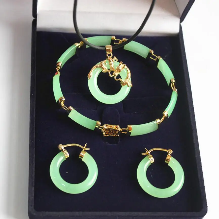 

Free shipping new! woman's noblest green jade dragon pendant & earring bracelet jewelry set
