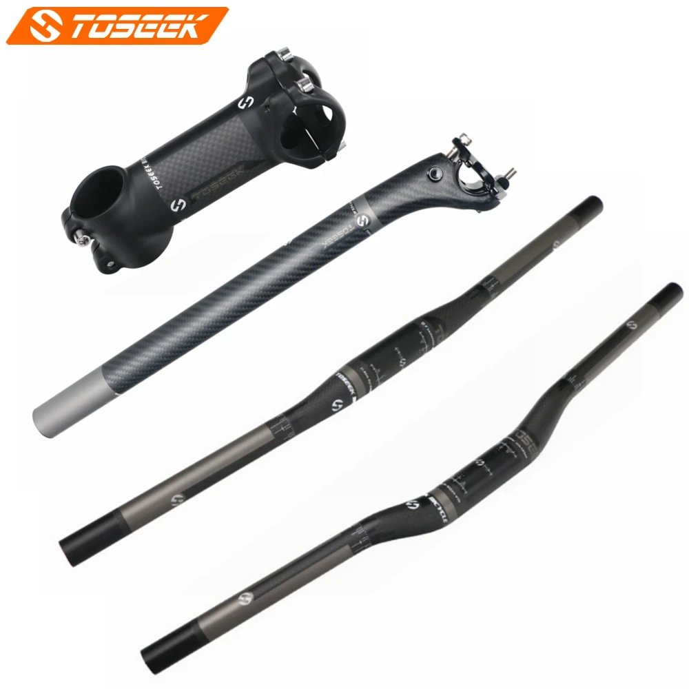 

TOSEEK Matte Carbon Fibre Bicycle Mountain Bars Sets Rise or Flat Handlebar SeatPost Stem For Bike MTB Parts