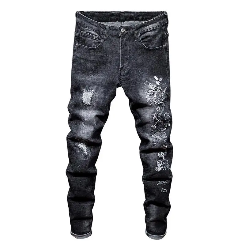 

Men's Locomotive Jeans Embroidery Trousers Male Ripped Denim Pants