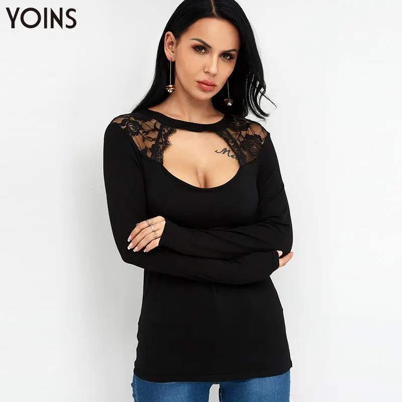 YOINS сексуальная блуза с вырезами на плечах вырезом лодочкой длинным рукавом