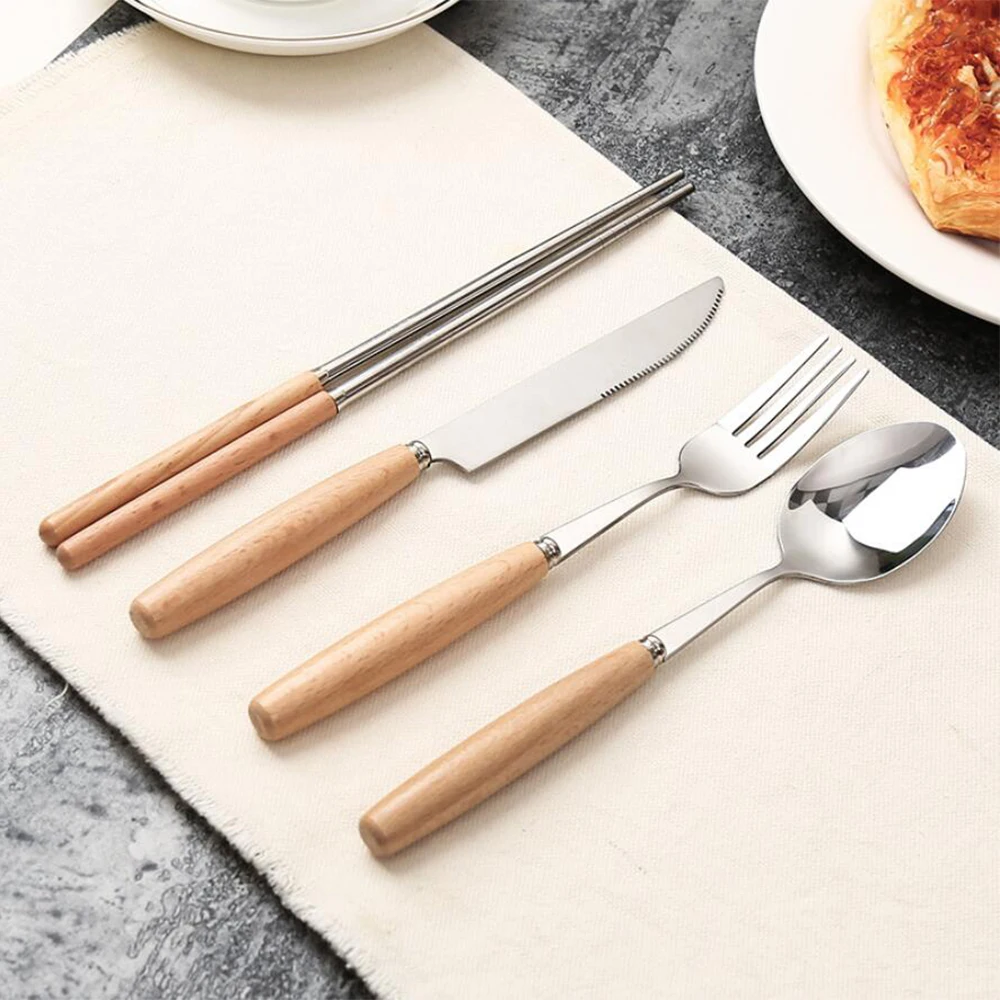 Набор посуды из нержавеющей стали с деревянной ручкой набор столовых приборов