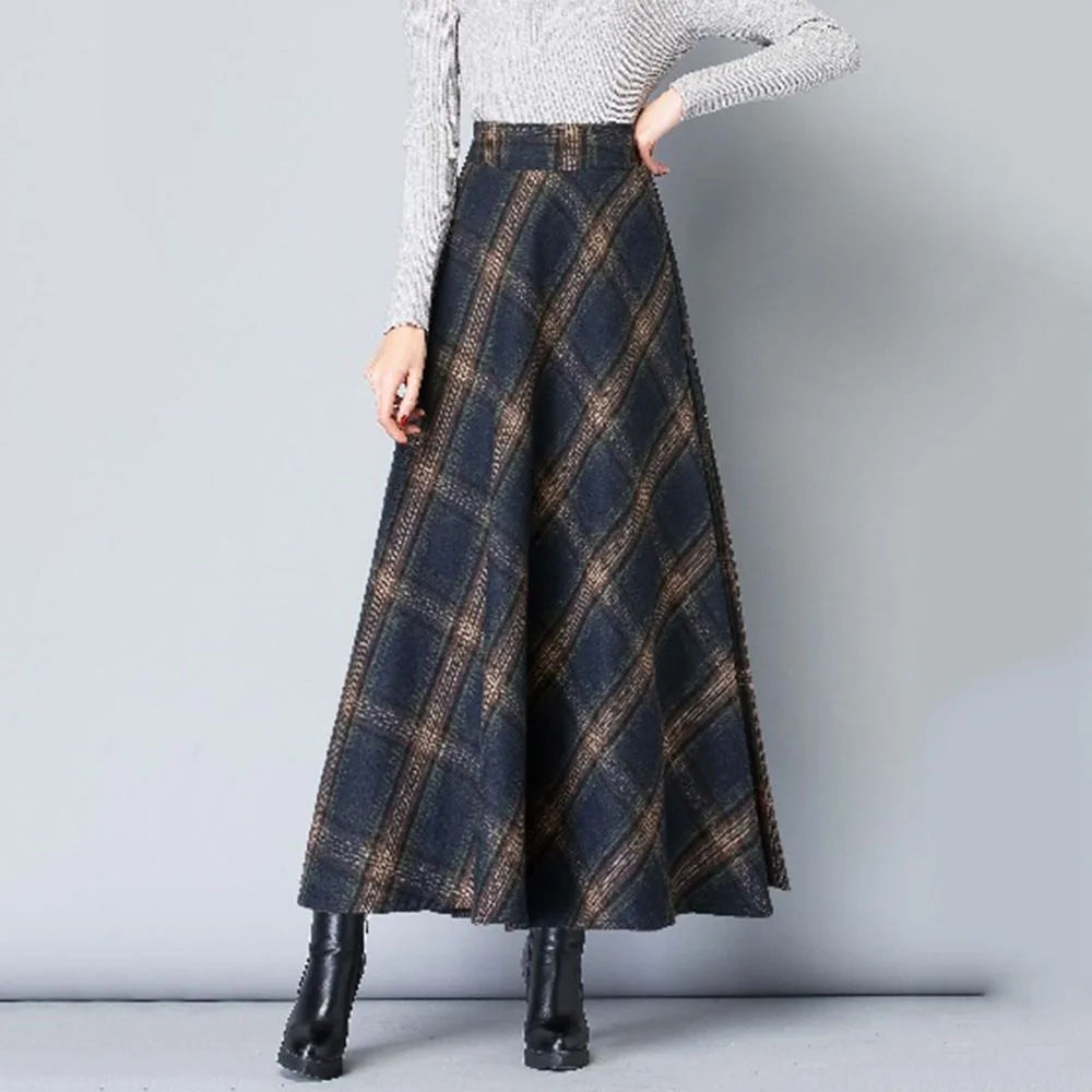 Осень зима теплая XXL Клетчатая Шерстяная Юбка Высокая талия для женщин
