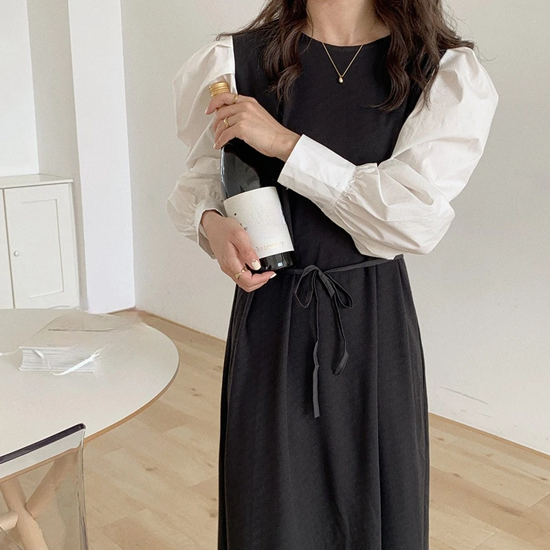 

Spring Chic Fake Two Piece Dress for Women Sweet Puff Sleeve Design Vestido Mujer Elegant Lace Up Long Sleeve Femme Robe