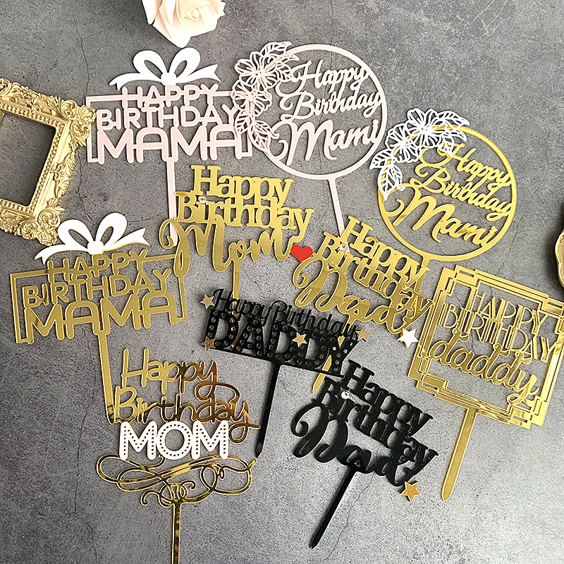 

Acrylic Mother Happy Birthday Cake Topper Gold Father Acrylic Cake Topper Flags For Mom Daddy Birthday Party Cake Decorations