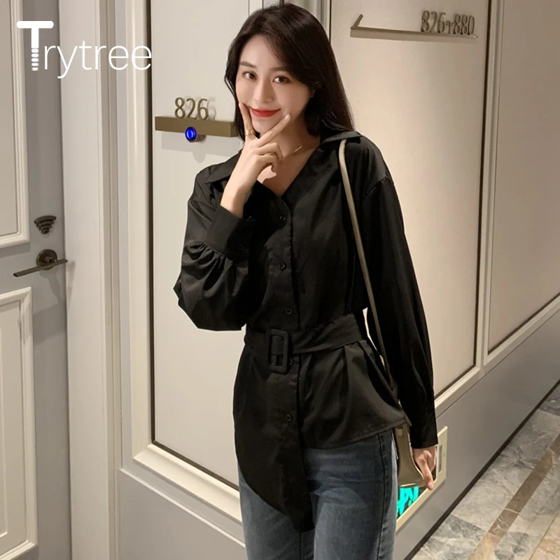 Trytree 2020 Осенняя Женская Повседневная Блузка с отложным воротником однобортный