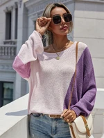 fashion autumn splicing color knitted sweaters long sleeve o neck tops loose cardigan womens sweater 2021