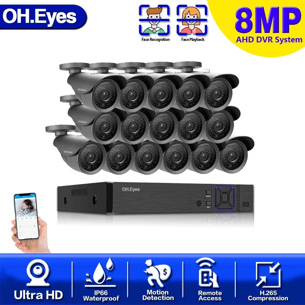 

4K 8MP Surveillance System 16CH H.265+ XVR 16PCS IR-CUT Home Outdoor Waterproof Face Playback P2P CCTV Video Surveillance Kits