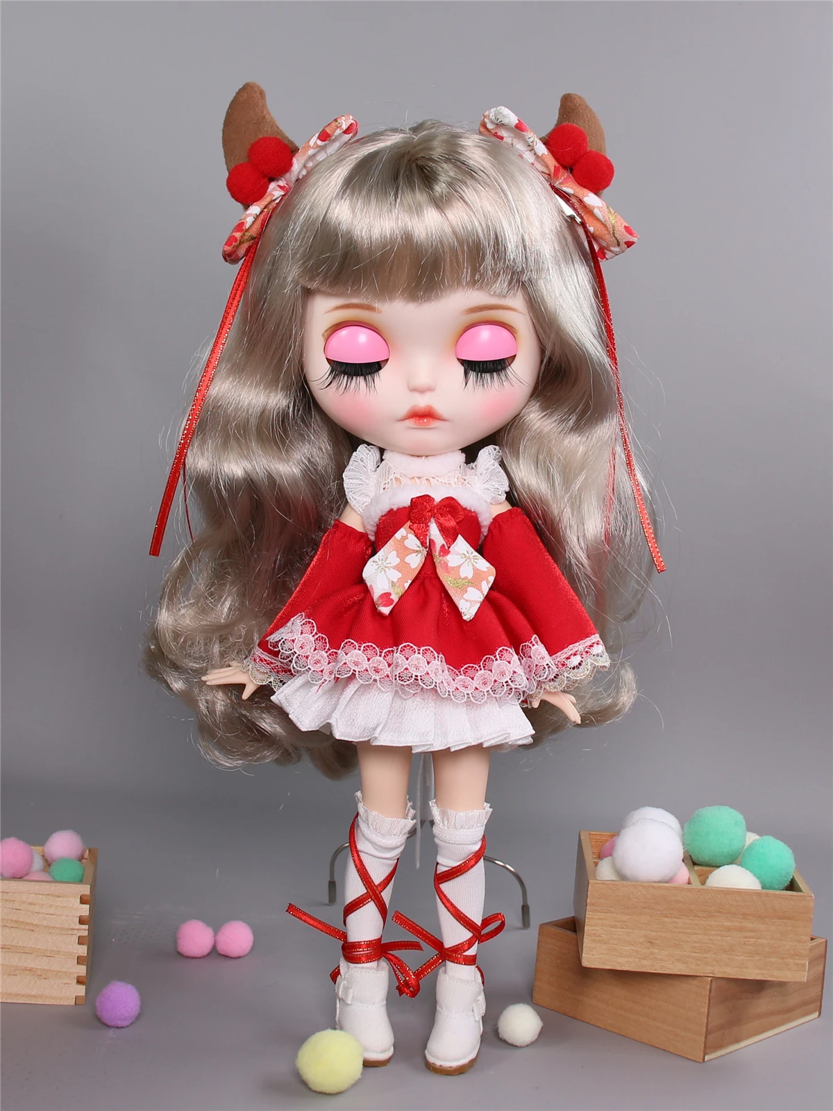 Neo Blythe Doll Christmas Dress With Bow Hairpin 1