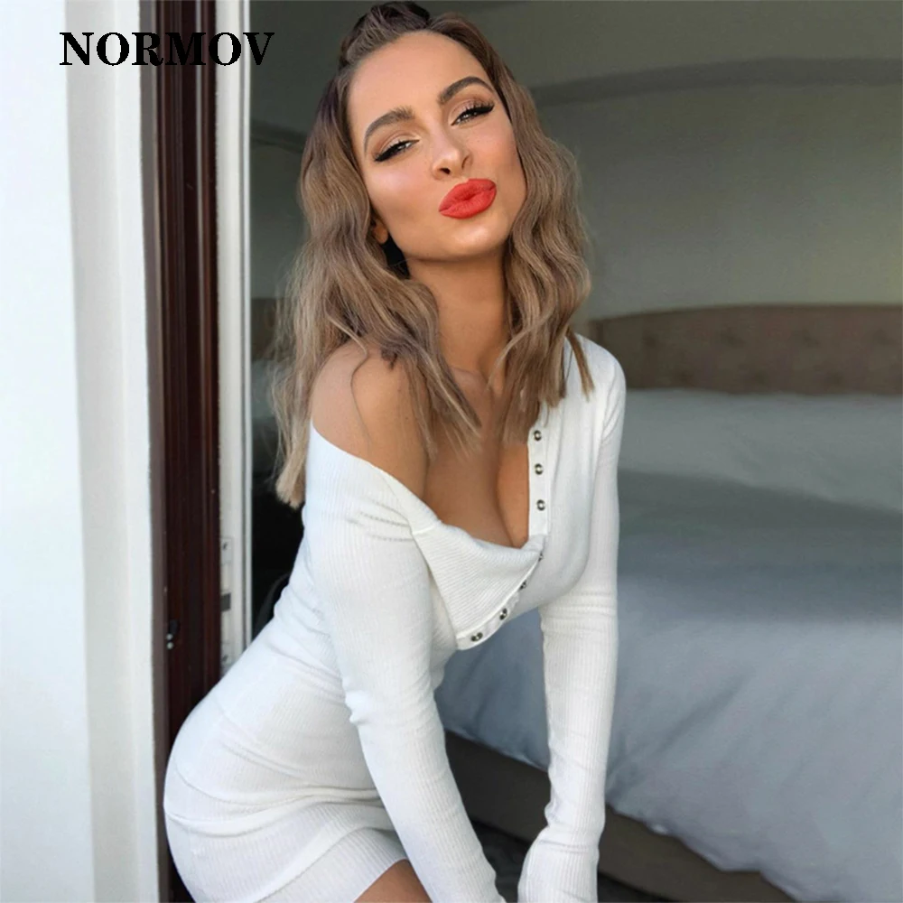 

NORMOV женское облегающее платье с длинным рукавом платье-футляр вязаный Boho Vestido де Mujer с открытыми плечами женские модные однотонное вечернее ...