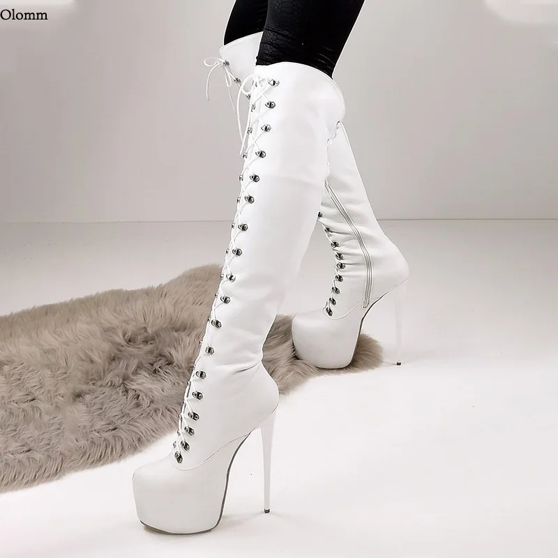 Jual Olomm Sepatu Bot Lutut Platform Wanita Baru Renda Ritsleting Sisi Tumit Stiletto Ujung Bulat Sepatu Pernikahan Putih Wanita Plus Ukuran AS 5-20