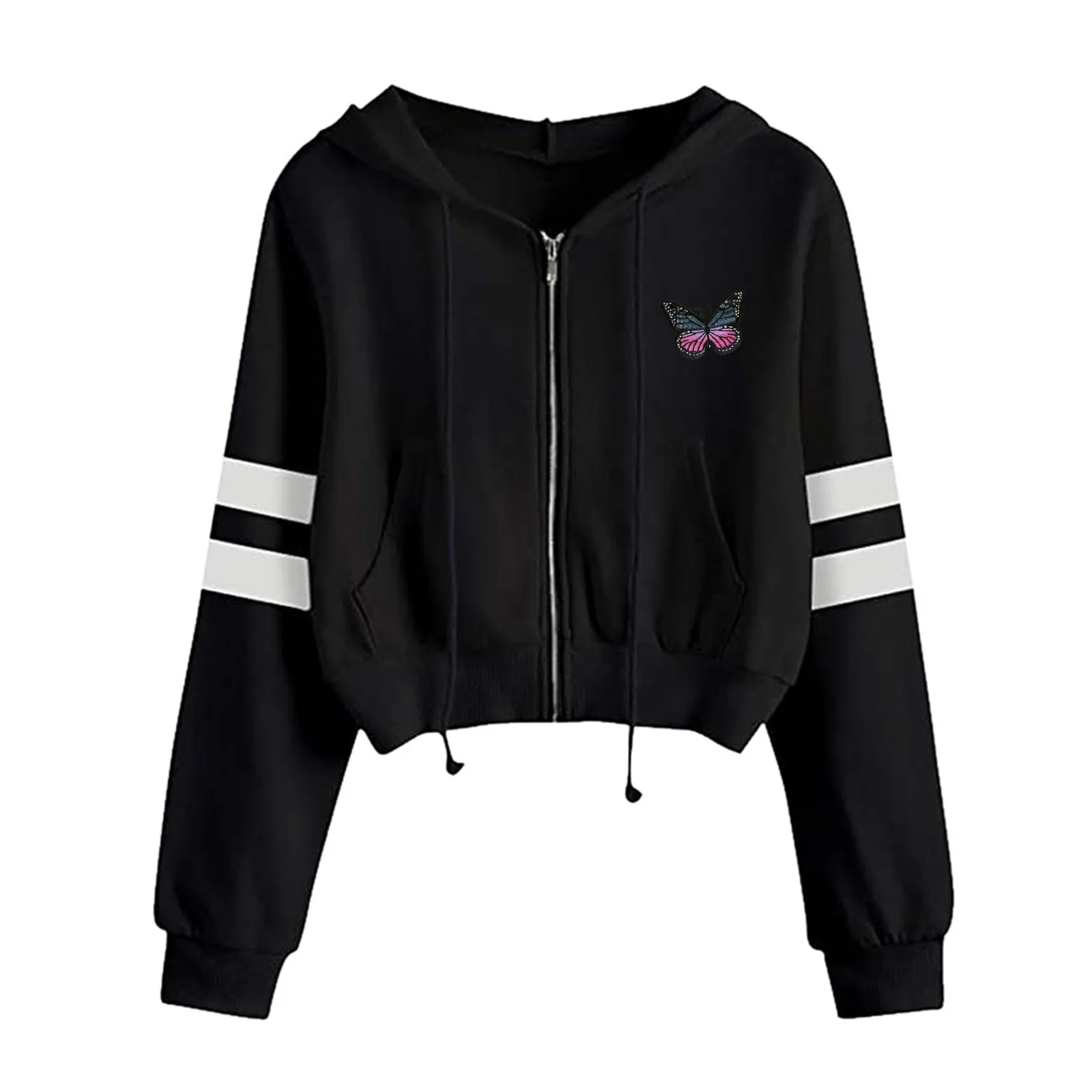 Autumn Hoodies Women's Solid Color Short Zipper Long Sleeve Hooded Sweatshirt Kawaii Hoodies Butterfly Print Clothes Hoodies