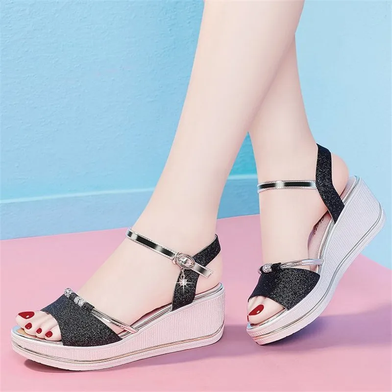 

Wedges Sandals Women Summer Platform Shoes Gold Heels Bling Fashion Ladies Sandals Casuales Sexy Shoes Women Leather Sandals