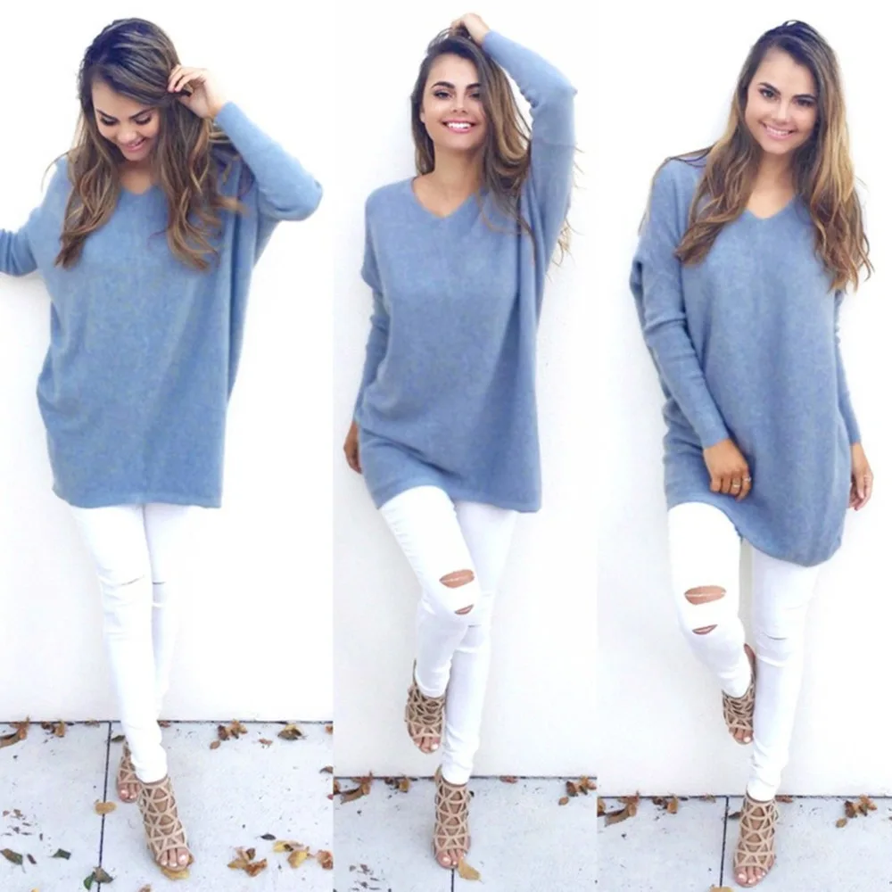 Модный женский свитер с v-образным вырезом и длинными рукавами в европейском