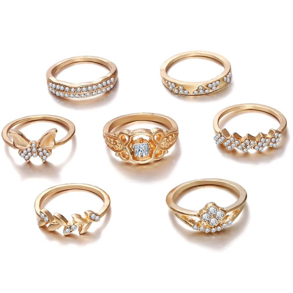 

7PCS Rhinestone Leaf Butterfly Ring Retro Casual Geometric Punk Bohemia Joint Index Finger Rings for Women Wedding