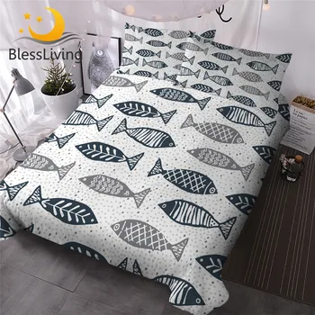 BlessLiving Watercolor Bedding Set Striped Fish Pattern Duvet Cover Cartoon Home Textiles for Kids Bedspreads Geometric Bed Set 1