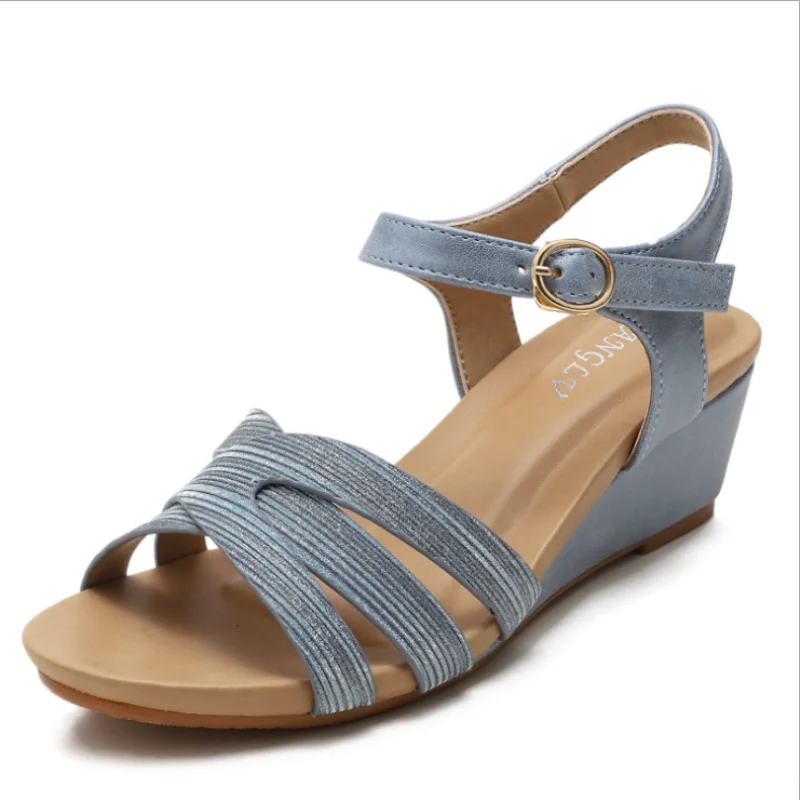 

2021 New Summer Slope Heel Sandals Women's Casual Fashion Casual One-word Buckle Belt Medium Thick Heel All-match Shoes XM077