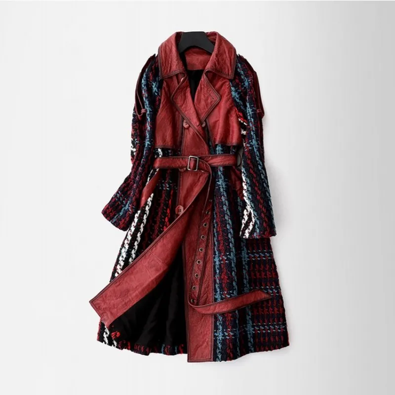 Женское пальто из натуральной овечьей кожи облегающее с поясом ветровка для