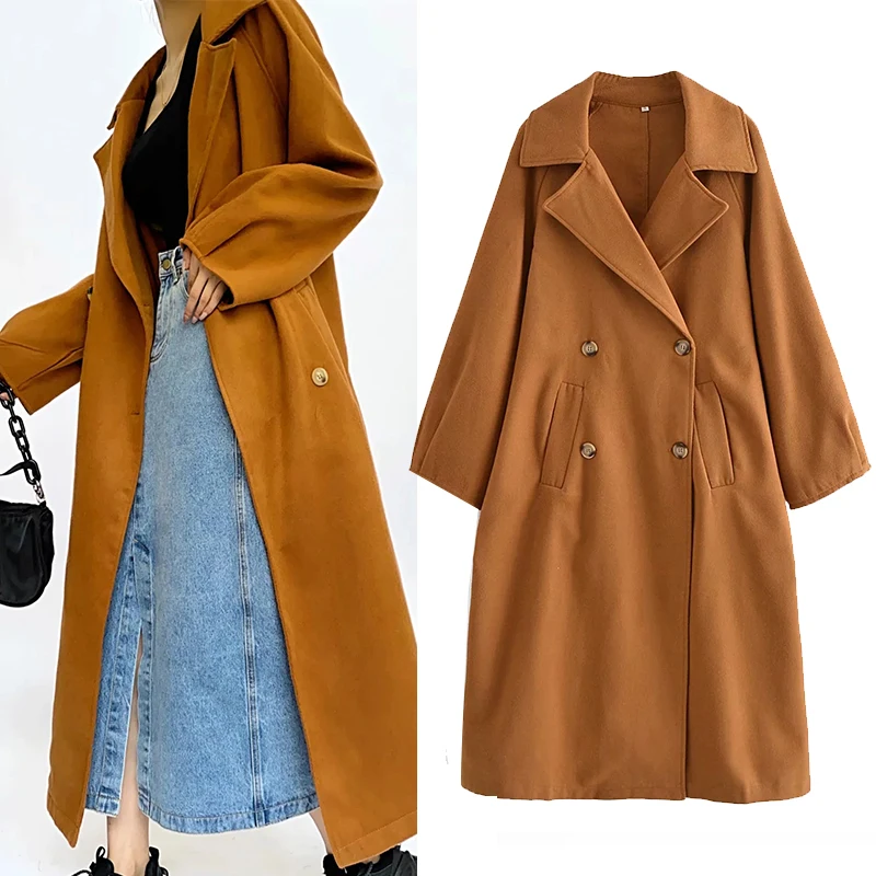 

Тренчкот женский однотонный, модная двубортная длинная куртка, классическое пальто для женщин
