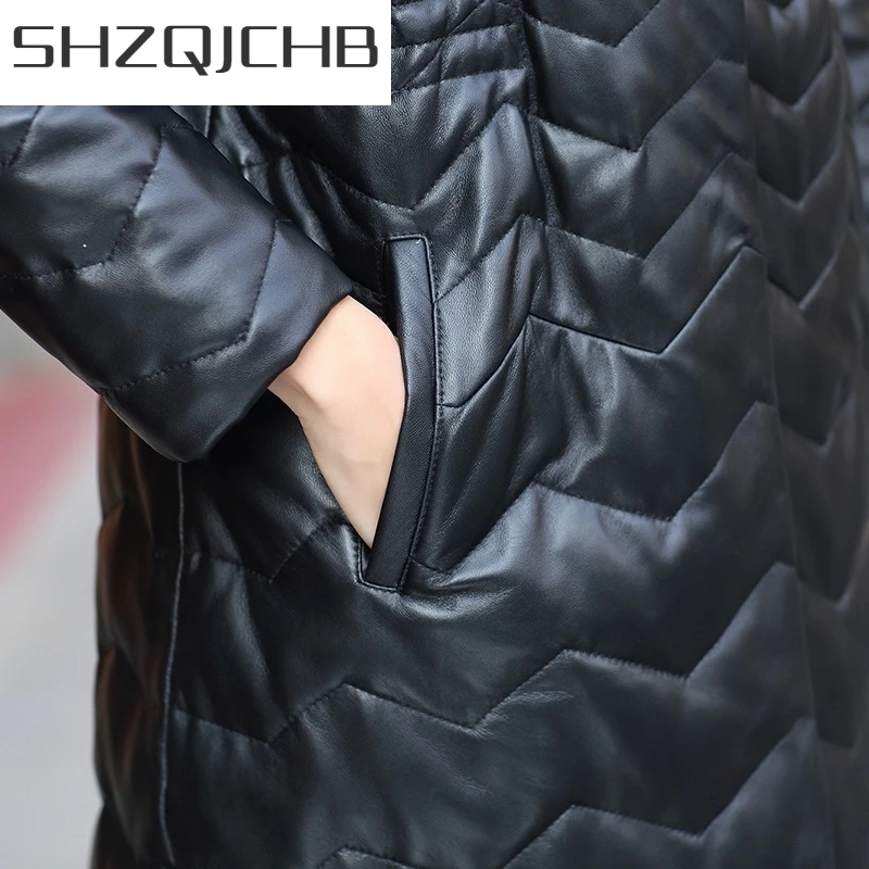 

JCHB 2021 Brand Winter Genuine Leather Female Jacket New Fox Fur Hooded Sheepskin Down Coat Runway Luxury Zipper Warm Long Over