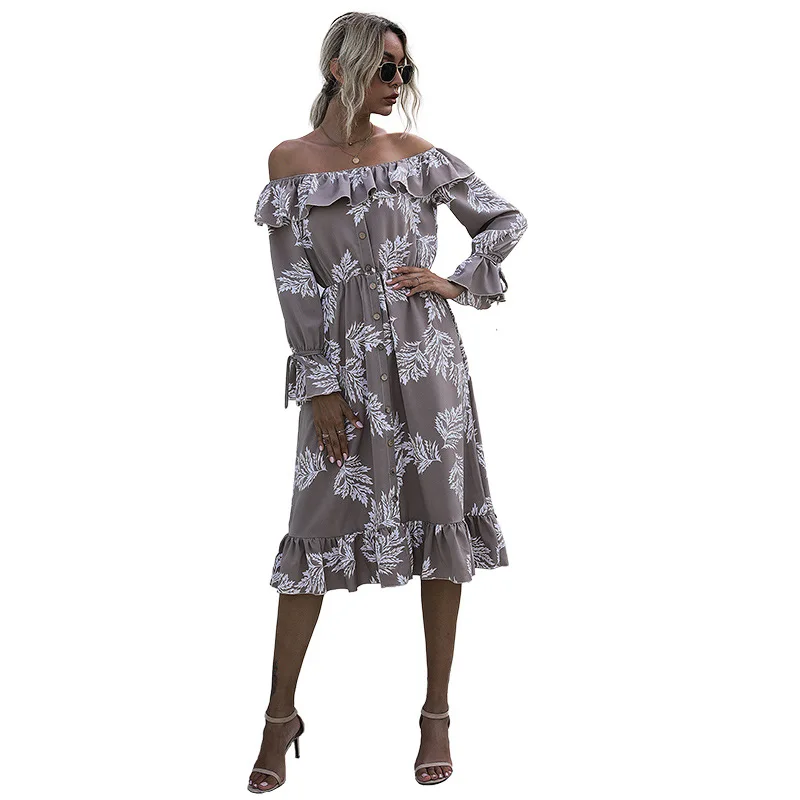 

Europe and America Cross Border Foreign Trade WOMEN'S Dress Lace-up Flounced Floral Horizontal Neck-Shoulder Dress W