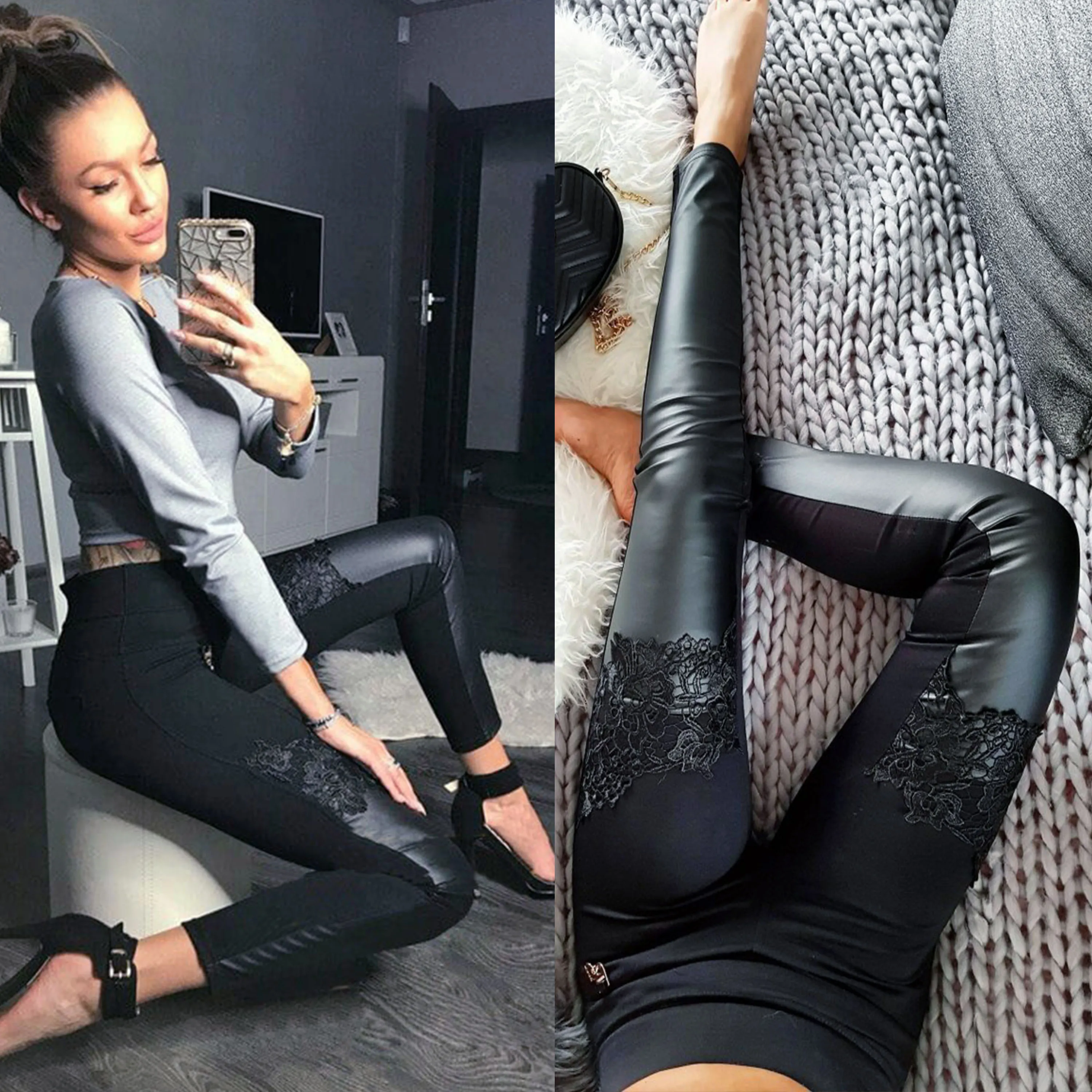 

Women Sexy Stretch Slim Fit Pencil Pants High Waist Shiny PU Leather Lace Patchwork Trousers Skinny Vogue Leggings