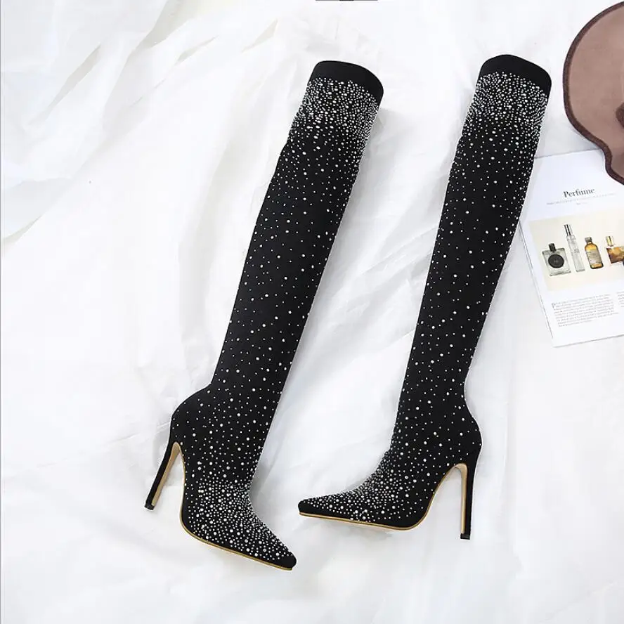 JX18 2019 Fashion Runway Crystal Stretch Fabric Sock Boots Pointy Toe Over-the-Knee Heel Thigh High Pointed Woman Boot | Обувь