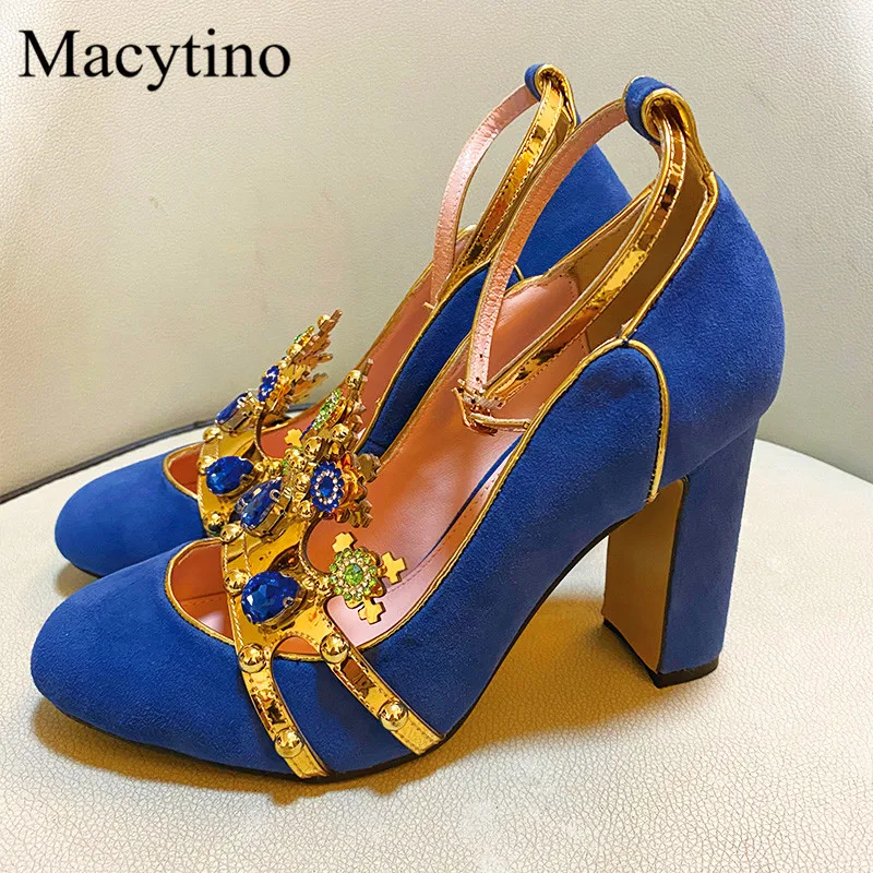 

Rhinestone gem metal decoration ladies high heels round toe thick heel high heels single shoes fashion party high heels