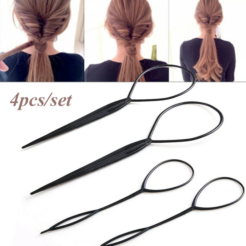 

4pcs Black Topsy Tail Hair Braid Ponytail Maker Hair Puller Hair Styling Tools Ponytail Creator Plastic Loop Hair Accessories