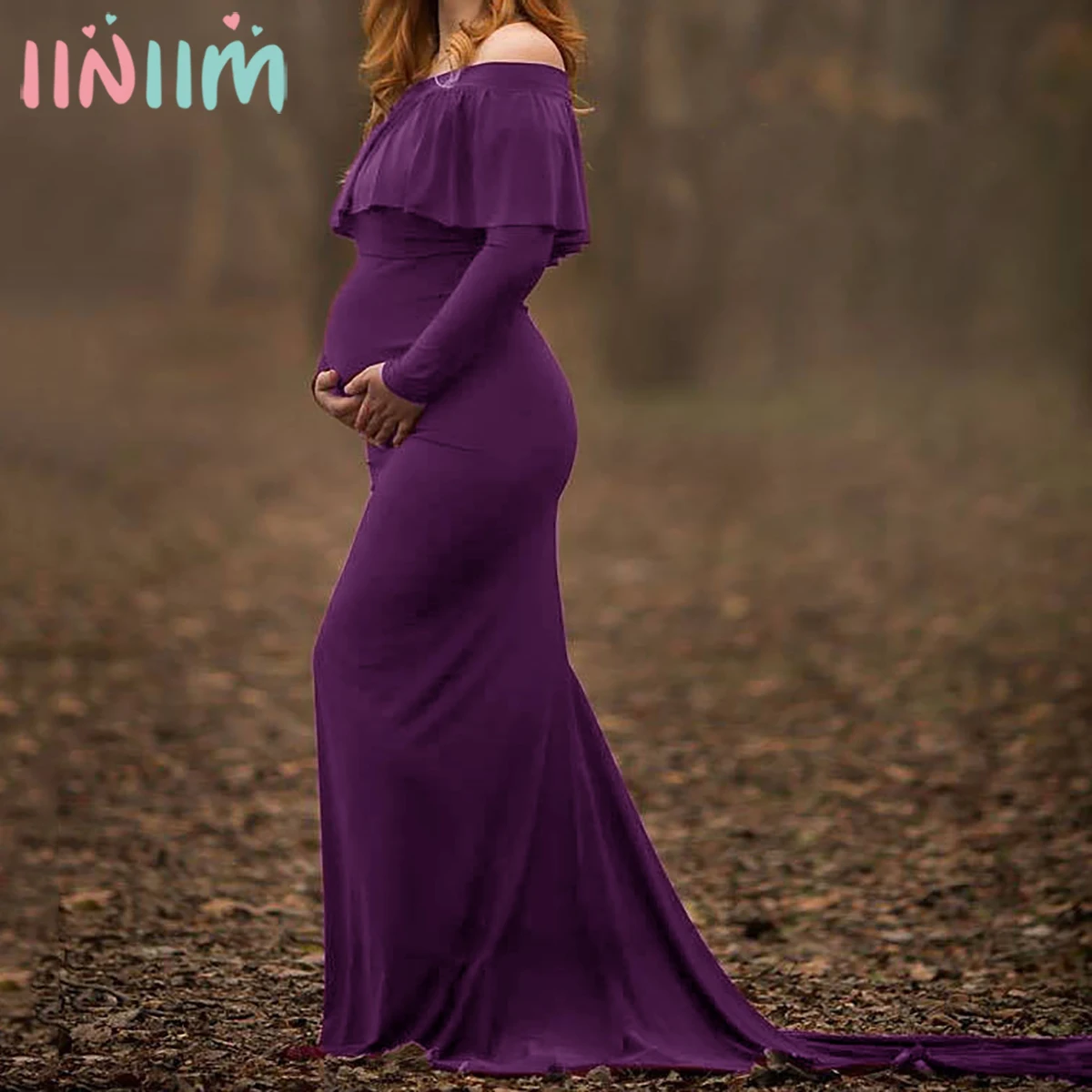 

Maternity Dresses Photography Props Ruffles Off Shoulder Long Sleeve Pregnant Women Dress For Photo Shoot Baby Shower Maxi Dress