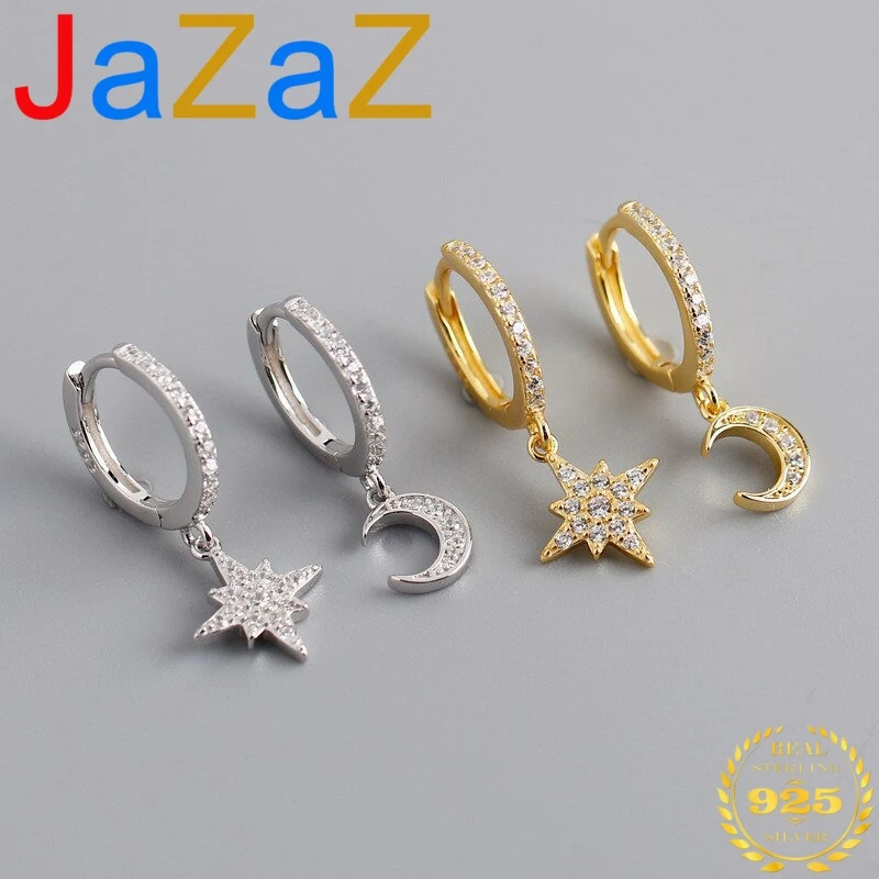 

A00727 100% 925 Sterling Silver Inlaid CZ Fine Star And Moon Stud Earrings for Women Party Wedding Jewelry Accessories