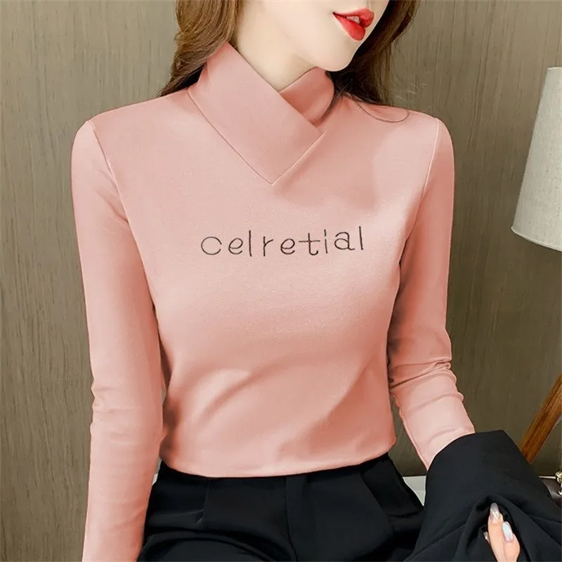 

2021 New Winter Velvet T Shirt Woman Long Sleeve Shirt Korean Style Oversized Woman T-shirt Loose Plus Size Women Shirts
