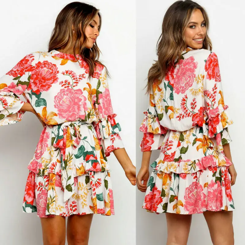 

USA Women Casual Flower Print Ruffle Wrap Long Sleeve Dresses Evening Dress