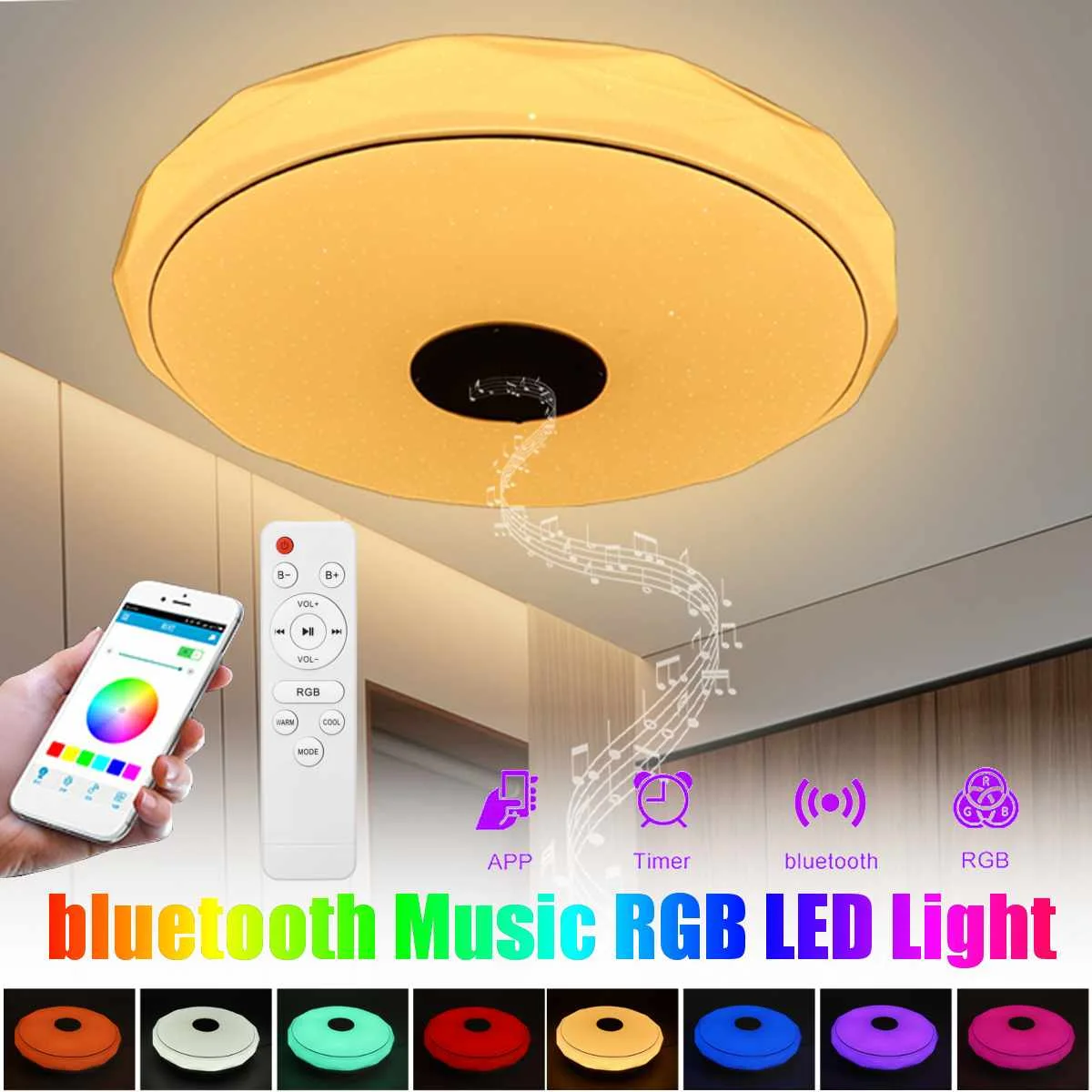 Lámpara de techo LED RGB para música, altavoz con bluetooth, 36W/72W, para fiesta en casa, dormitorio, 170-265V, mando a distancia, regulable + aplicación, luz colorida inteligente