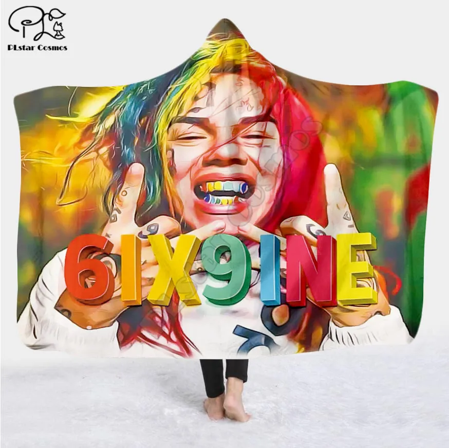 

SInger 6IX9INE 3d printed Hooded Blanket Adult child Sherpa Fleece Wearable Blanket Halloween Style-3