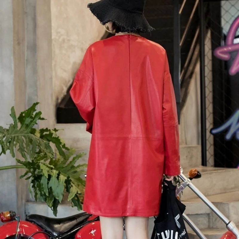 Женские свободные повседневные платья из натуральной кожи черное красное с