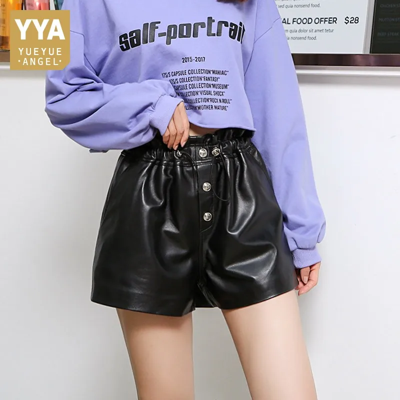

100% Sheepskin Real Leather Shorts Women Fashion Loose Elastic Waist Wide Leg Shorts Streetwear Black Pocket Party Short Pants