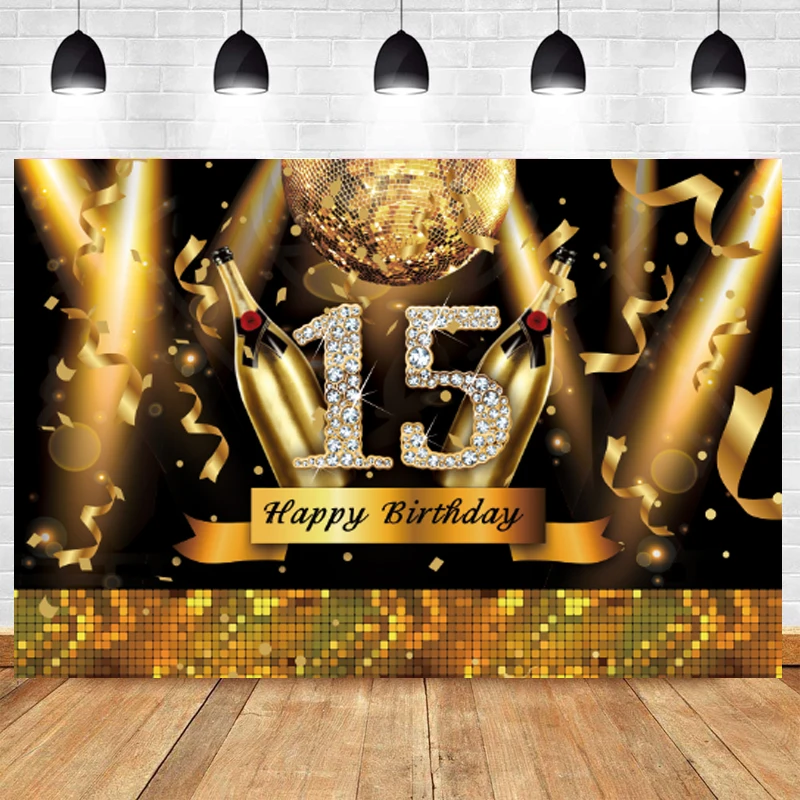 15th Photo Backdrop Kids Happy Birthday Party Light Sweety Gold Photography Background Newborn Decoration Banner