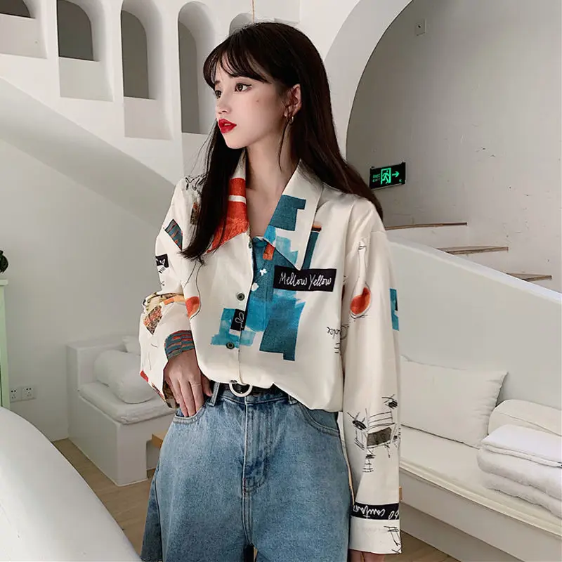 Женские шифоновые блузки на весну и осень рубашки с длинным рукавом принтом