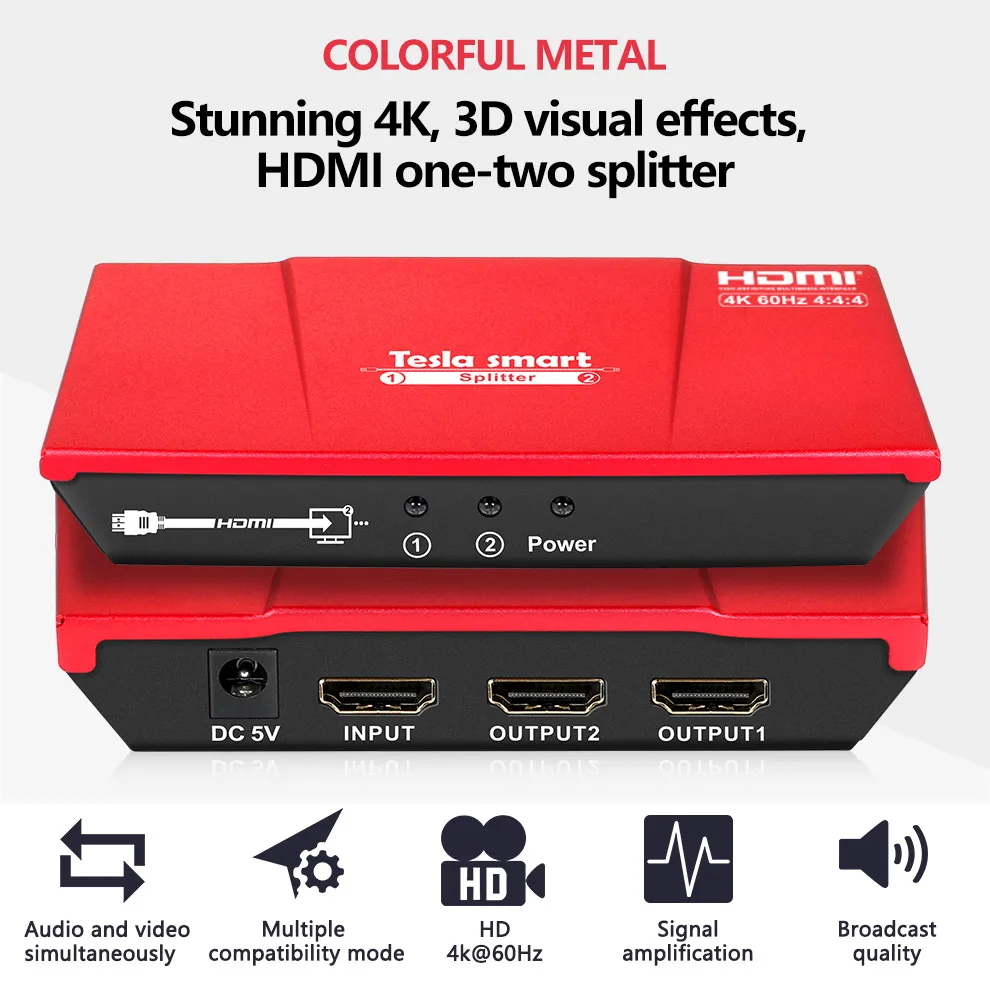 Tesla smart HDMI сплиттер 1x2 HDMI 2 порта разветвитель 4 k@ 60 Гц Высокое качество с адаптером питания HDMI HDTV DVD PS3 Xbox