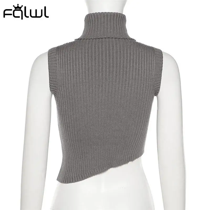 

FQLWL Autumn Sexy Gray Black Crop Top Women 2021 High Neck Sleeveless Short Tops Female Knitted Bodycon Clubwear Fashion T Shirt